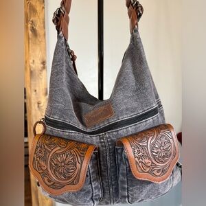 Wrangler Floral Tooled Denim Hobo/Crossbody Backpack